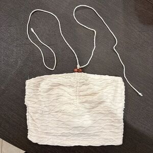 SHEIN Cream Ruched Top with Beads and Halter Neck Ties